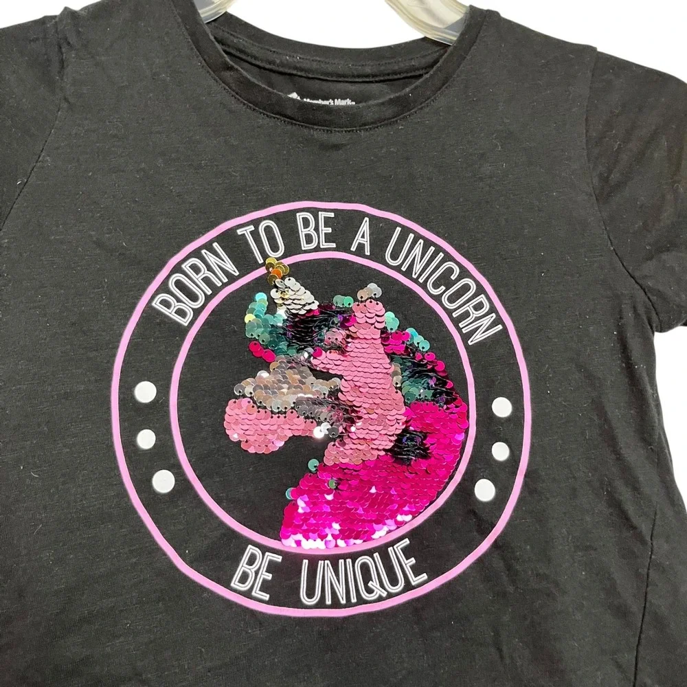 2/$15 Kids Black‎ Unicorn Sequin Graphic Tee Born To Be A Unicorn 7/8 (3163)